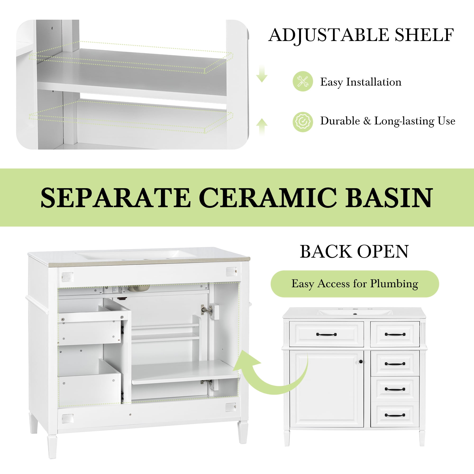 Euroco 36-Inch Bathroom Vanity with Ceramic Sink Top, Solid Wood Frame and MDF Cabinet, Flip Drawer Design with Adjustable Shelf and Metal Handles, Freestanding Bathroom Storage Cabinet