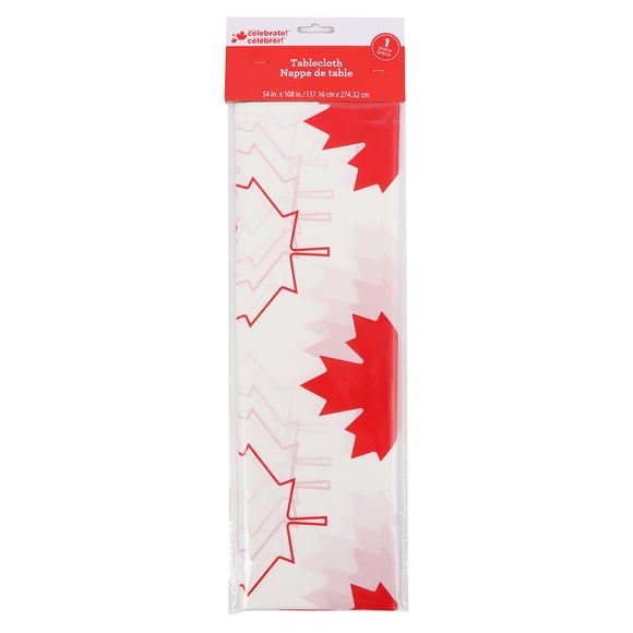 Way to Celebrate! Red and white Plastic Canada Day Tablecloth, 108in x 54in