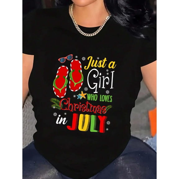 Just A Girl Who Loves Christmas In July Shirt Summer Gift T-Shirt Graphic Tee summer Tops For Women Round Neck Fashion Cotton shirts