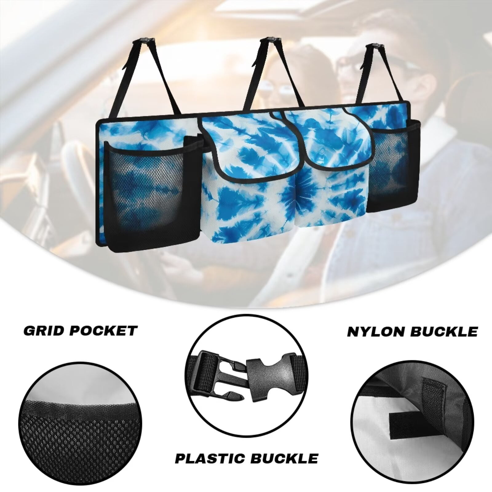 KUIFORTI Trunk Organizer for SUV Trunk Organizers and Storage, It Easy to Find Things, Blue Tie Dye Car Accessories Space-Saving Backseat Car Organizer with Adjustable Straps