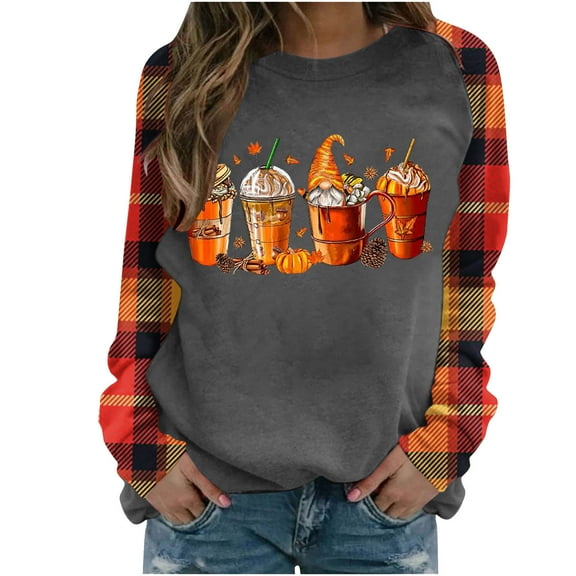 Mhoxuto Fall Shirts for Women Thanksgiving Pumpkin Coffee Latte Graphic Pullover Sweatshirts Fall Long Sleeve Plaid Raglan Tops