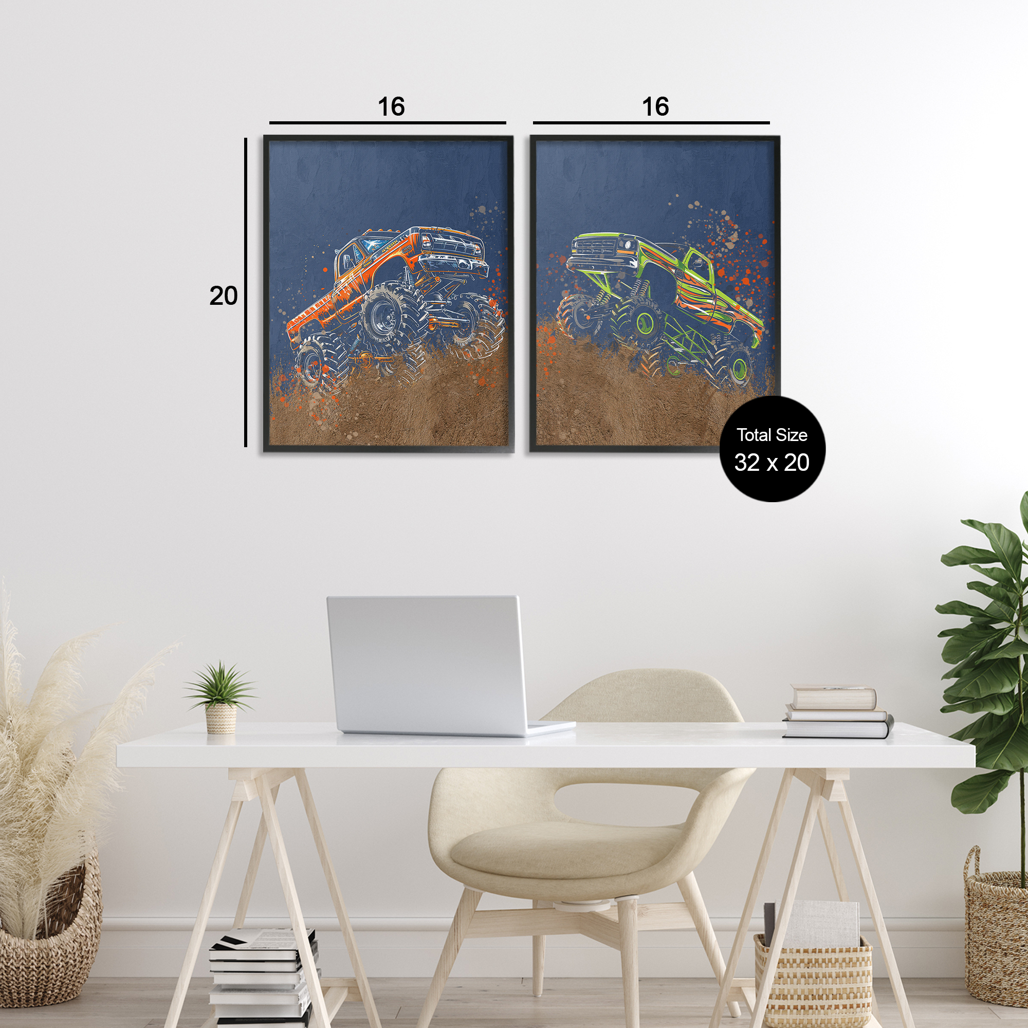 Monster Truck Jam 2 Piece Black Framed Giclee Art Set, design by Kim Allen