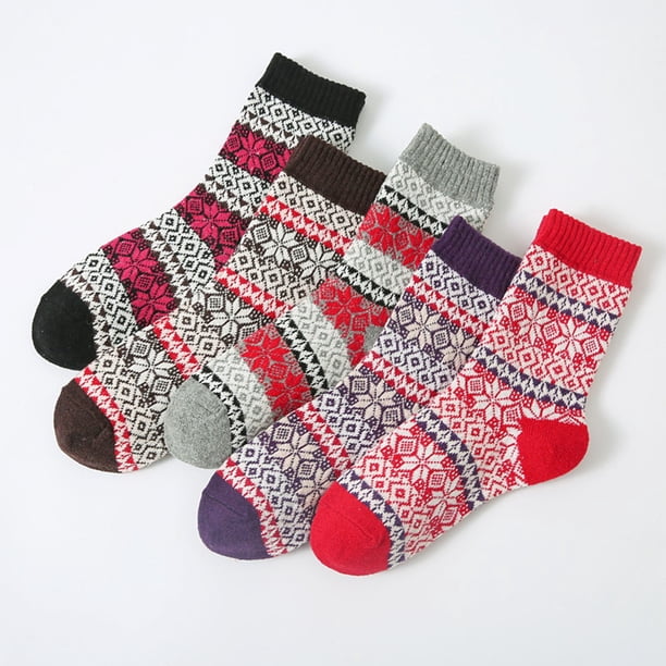 5 pares de calcetines para mujer, cálidos, de invierno, con estampado retro, de punto grueso, de tubo medio.