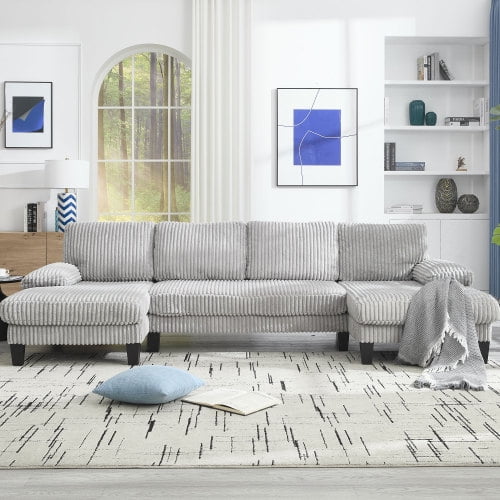 U-Shaped Sectional Sofa Modern 4-Seat Couch with Double Chaise Lounge, Modular Velvet Upholstered Oversized Sofa for Living Room Apartment, Light Gray