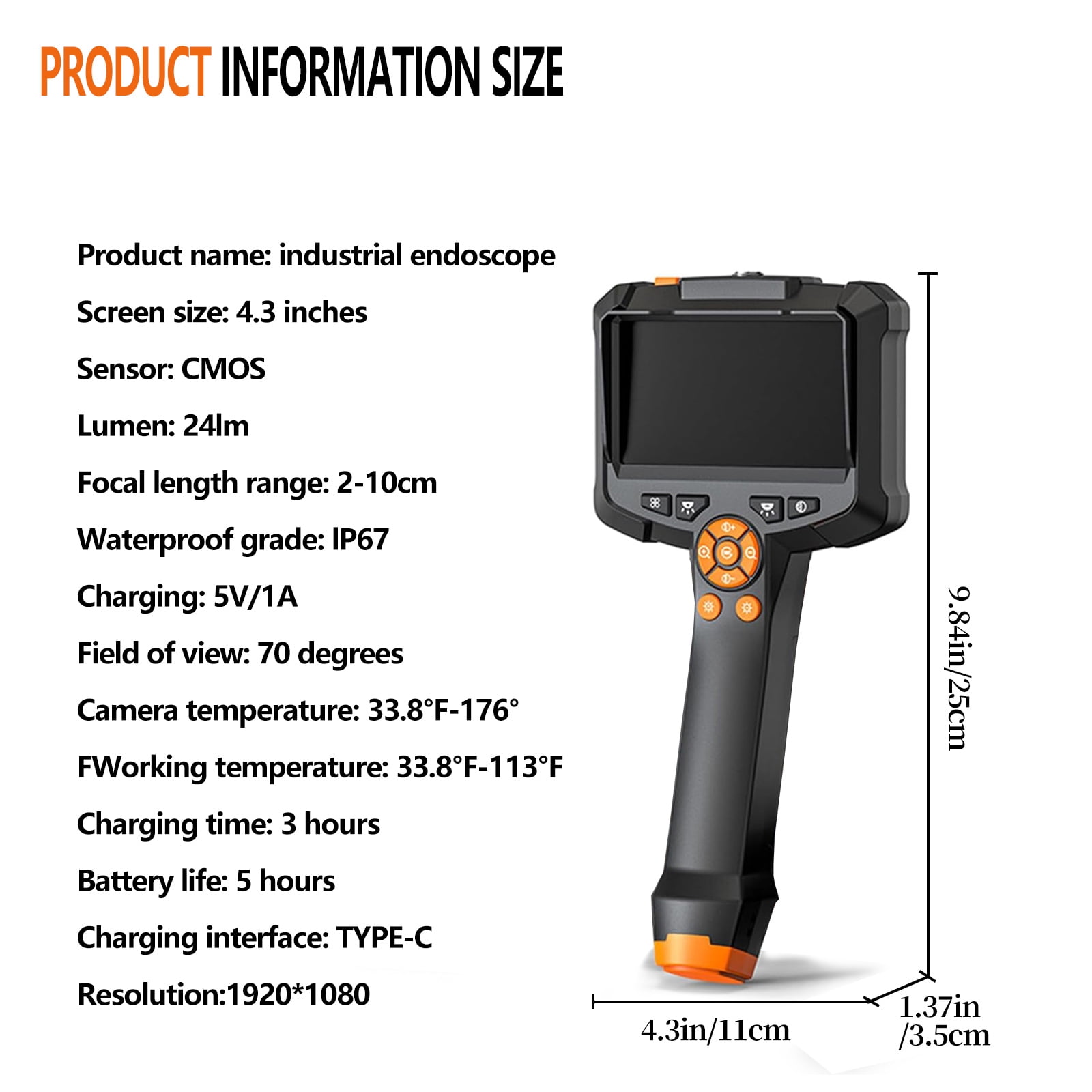 Industrial Endoscope Inspection Camera Waterproof Borescope Scope Camera with 4.3inch Screen USB C Rechargeable