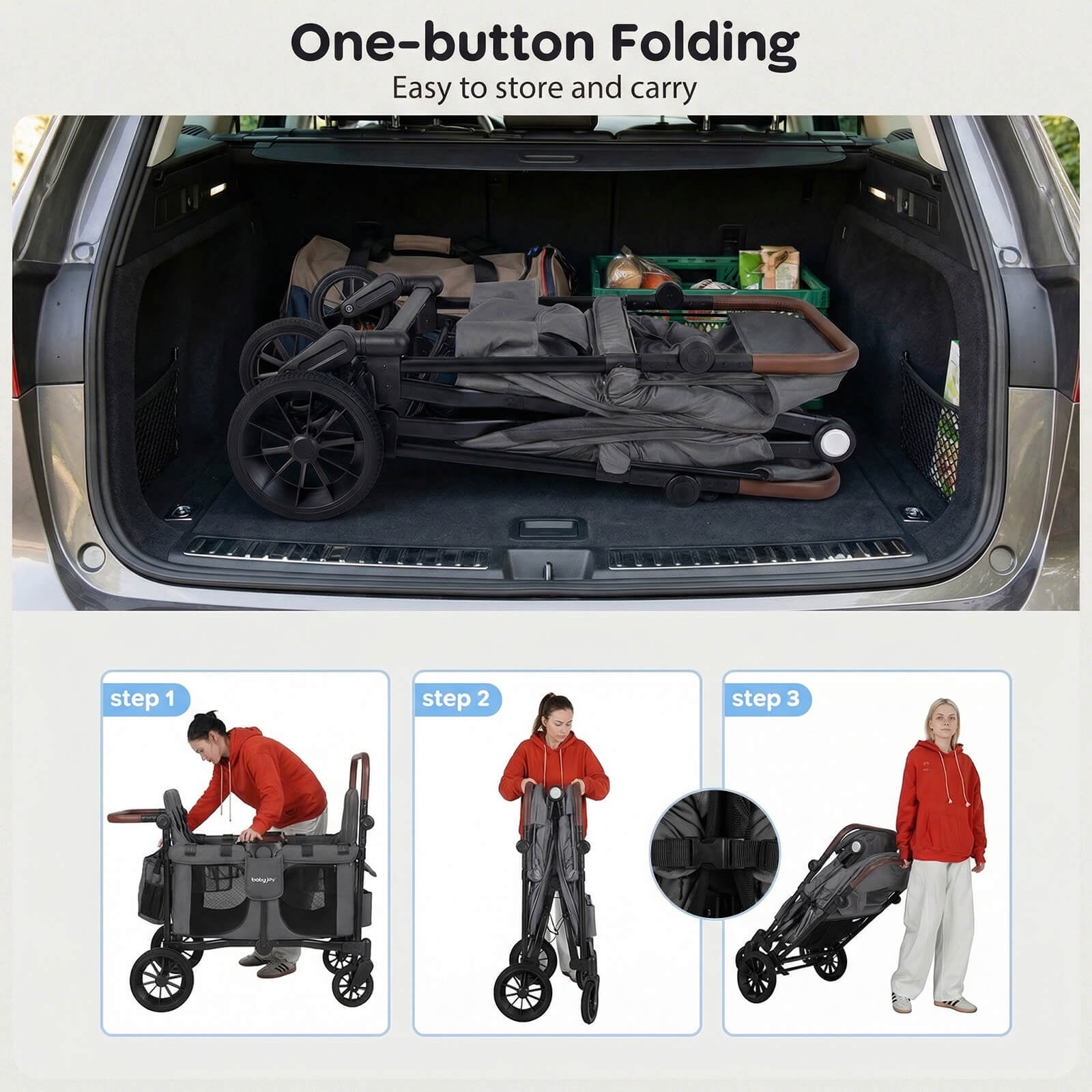 Costway Wagon Stroller, Foldable 4-Seater Push-Pull Toddler Stroller with Removable Canopy Gray