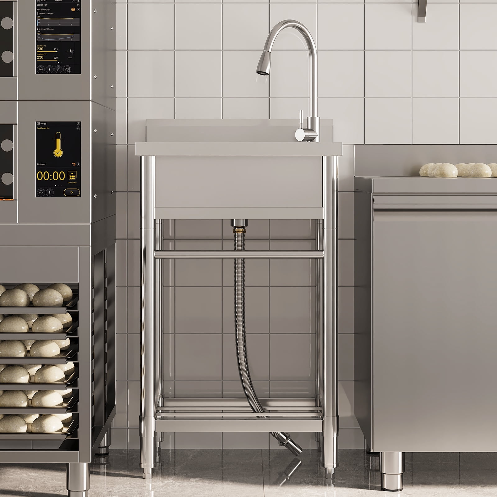 Freestanding Commercial Stainless Steel Sink,Single Bowl Kitchen Sink with Water Pipes,Adjustable Legs,Suitable for Laundry Room,Farmhouse(Water Pipe)