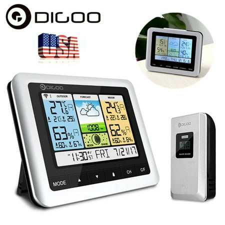 Outdoor Clock With Thermometer Digoo Colorful Wireless Weather Forecast Station with Sensor ,Indoor Outdoor Thermometer -Hygrometer -Barometer -Snooze Desk Alarm Clock -Moon Phase Meter ()