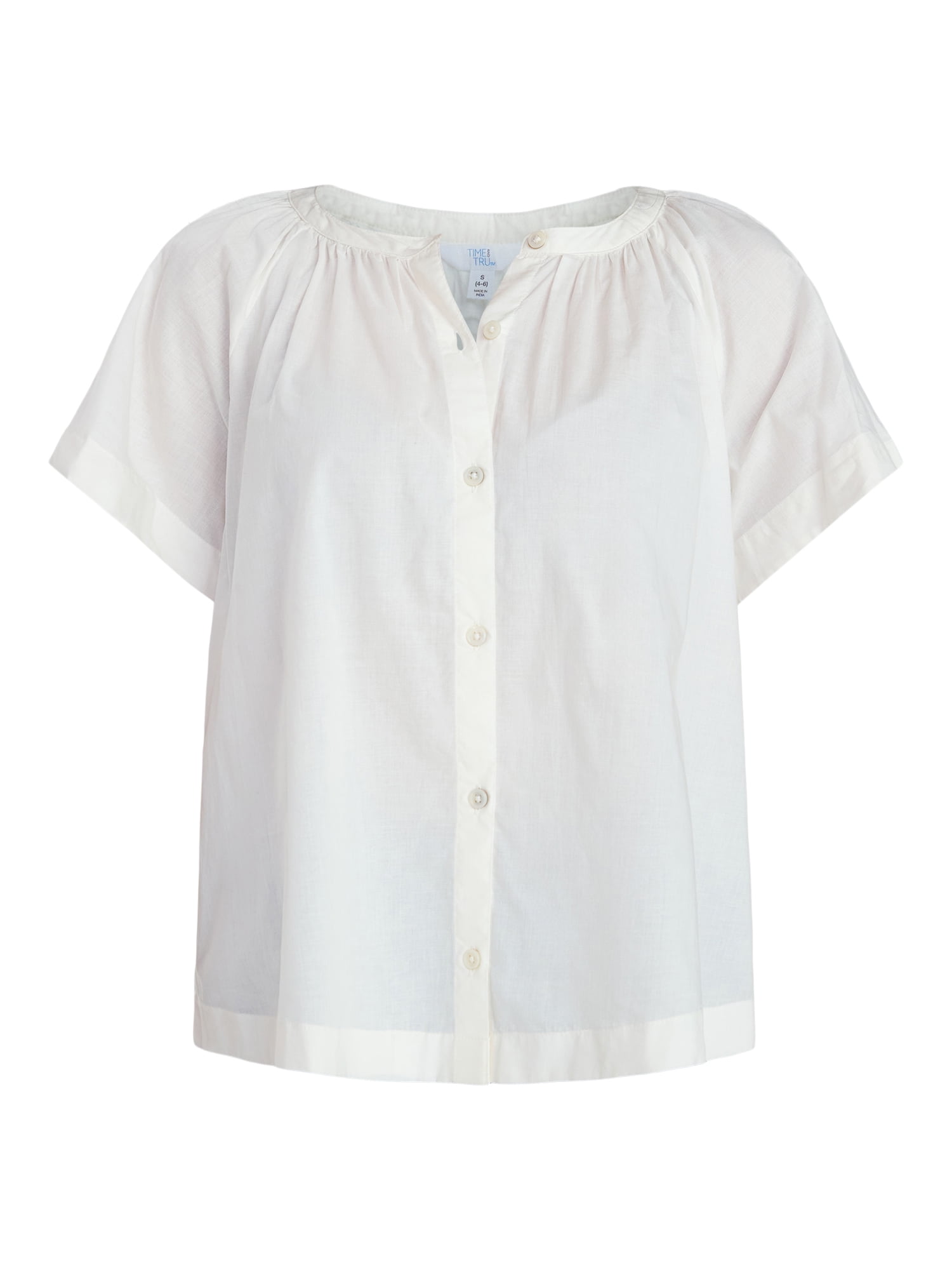 Time and Tru Women's Cotton Button Up Blouse with Short Sleeves, Sizes XS-XXXL
