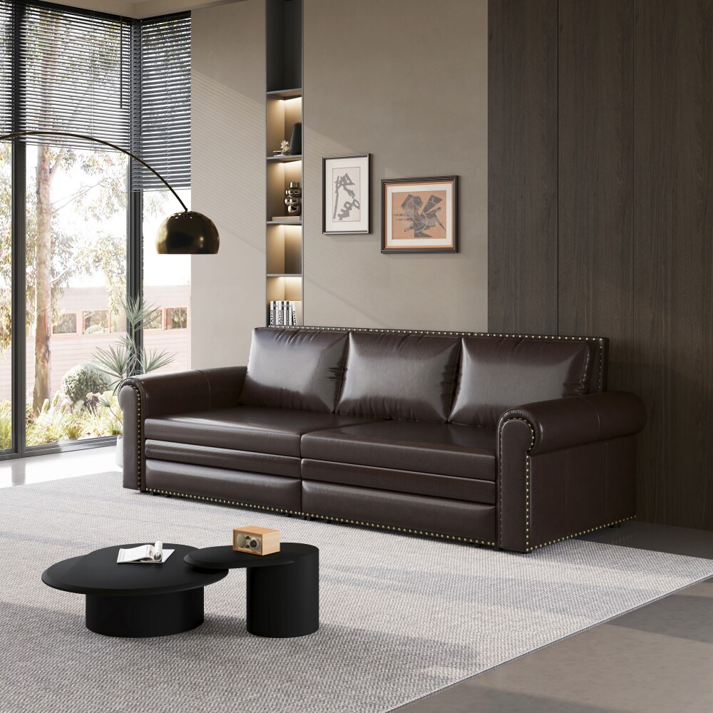 Chesterfield Sofa,93.7" King Pull Out Sofa Bed,3-in-1 Faux Leather Convertible Sleeper Sofa with Nailhead Trim & Rolled Arm,Multi-Functional Sofa Bed for Living Room, Dark Brown