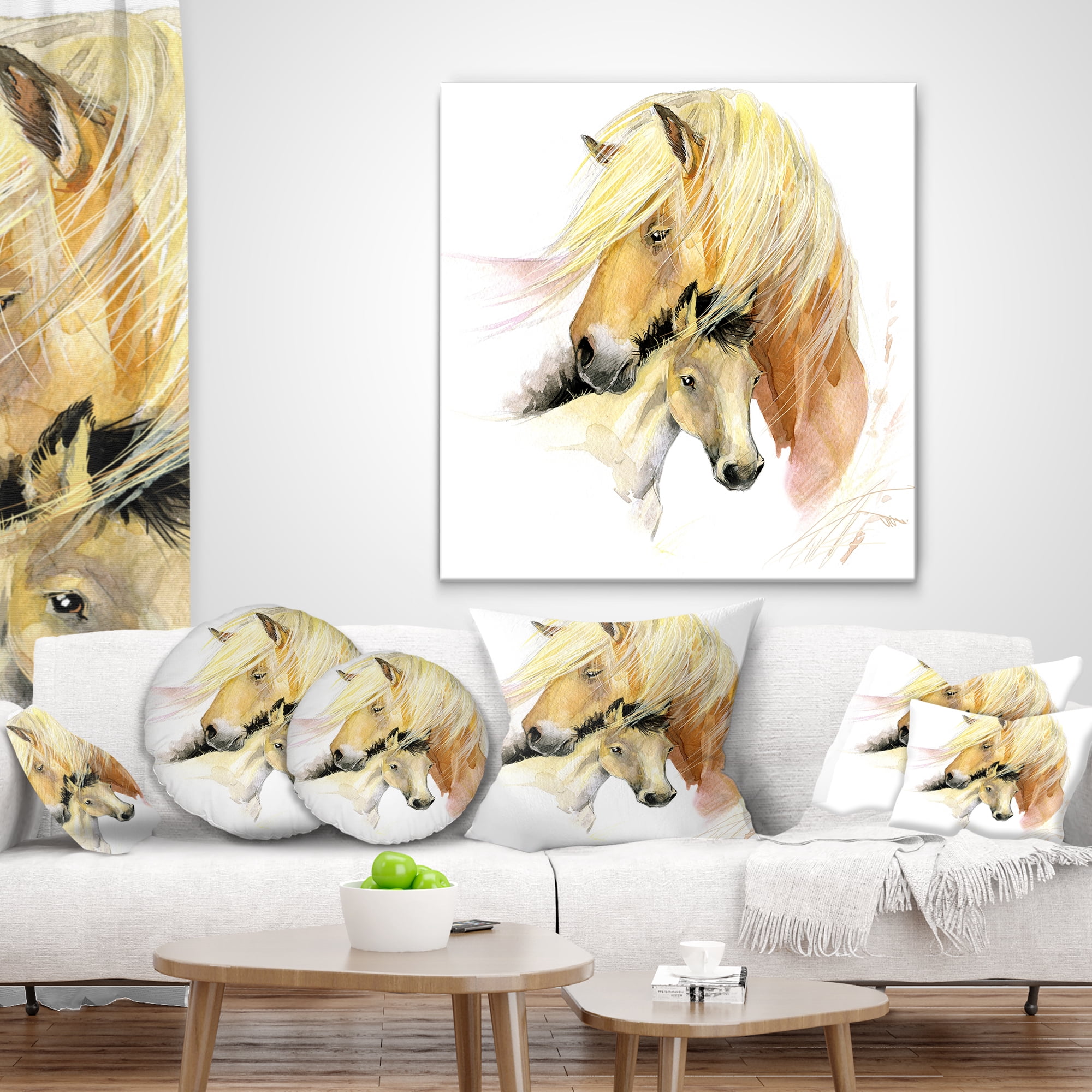 Designart Horse Mom Baby Watercolor - Animal Throw Pillow - 16x16