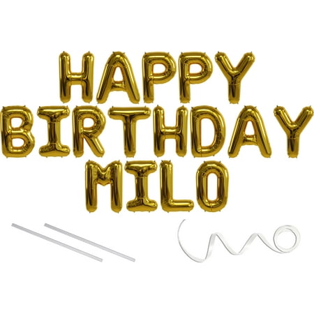 Milo, Happy Birthday Mylar Balloon Banner - Gold - 16 inch Letters. Includes 2 Straws for Inflating, String for Hanging. Air Fill Only- Does Not Float w/Helium. Great Birthday