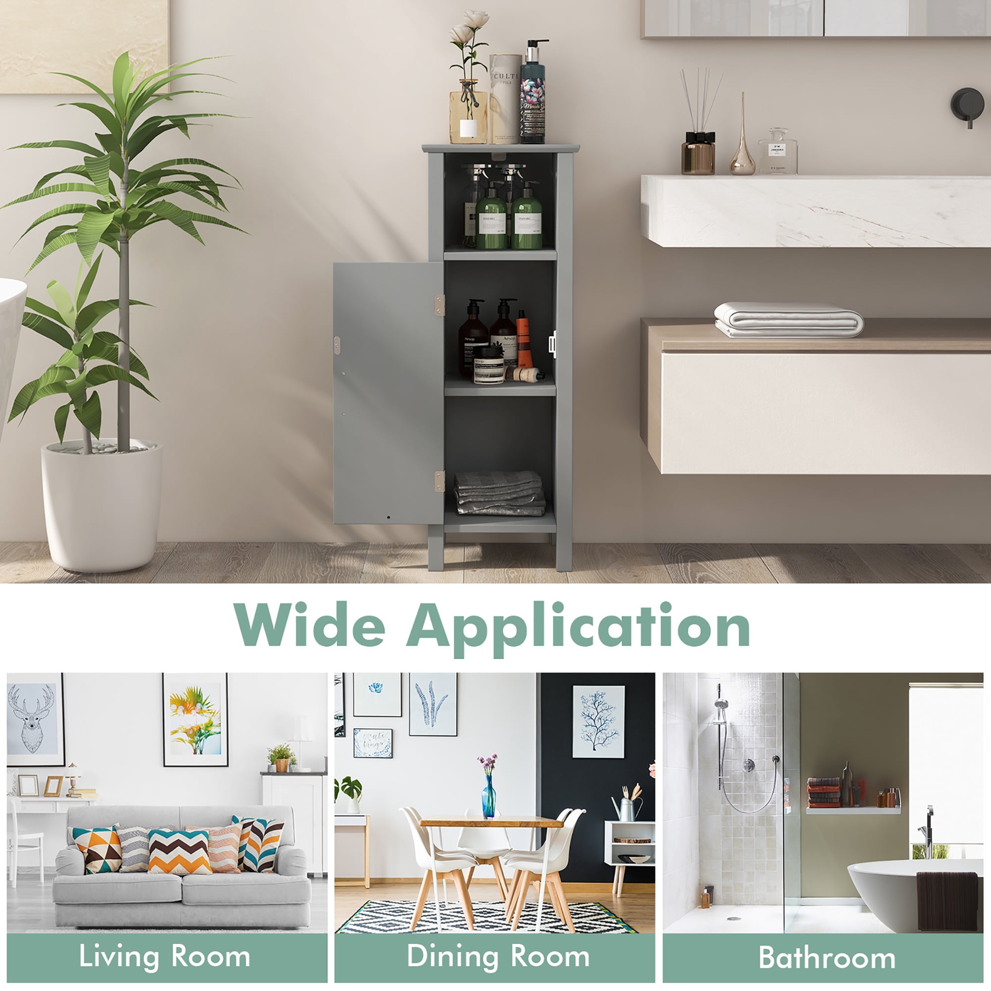 Gymax Bathroom Storage Organizer Narrow Floor Cabinet w/ 2-Tier Cabinet Open Compartment Gray