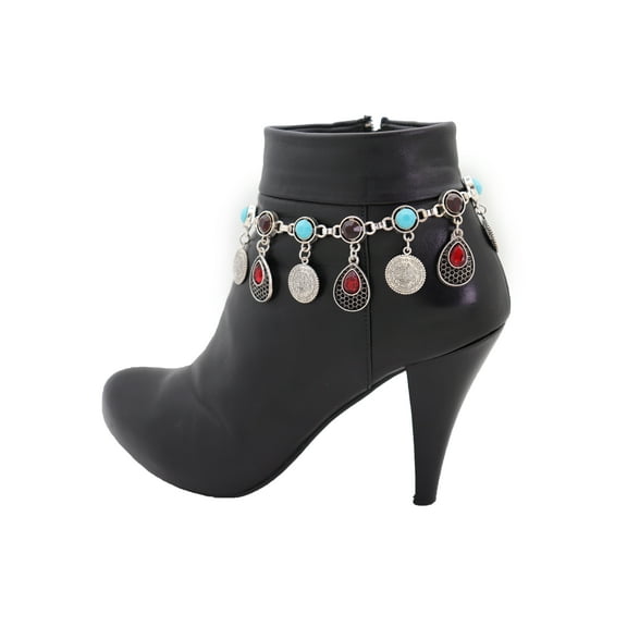 Women Silver Metal Boot Chain Shoe Ethnic Coin Water Drop Charm