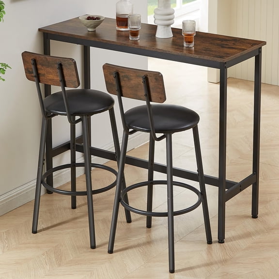 Tmsan 3 Piece Long Bar Table and Chairs Set, Rectangular High Top Pub Tables with Stools, Industrial Dining Table Set for Breakfast Nook, Living Room,Kitchen, Small Space, Bars, Rustic Brown