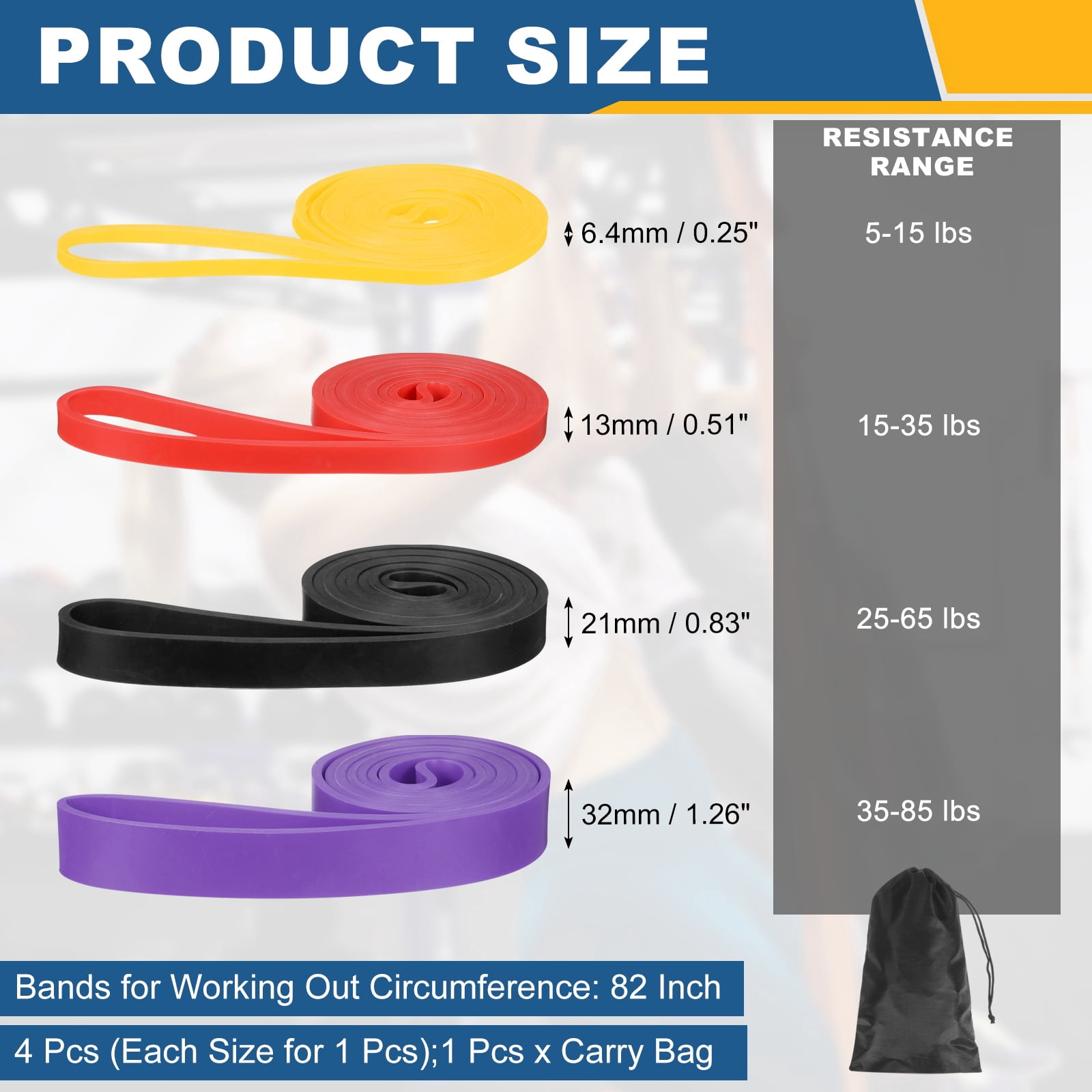 Uxcell Resistance Bands for Working Out, 4 Levels Pull Up Assistance Bands with Carry Bag 4 Pcs & Yellow/Red/Black/Purple -Fitting for (Home/Gym)