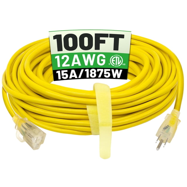 POWGRN Rallonge Extérieure 12/3 de 100 Pi, Imperméable, Robuste, avec Extrémité Indicatrice Éclairée, Calibre 12, 3 Broches, Longue Rallonge Flexible Résistante au Froid