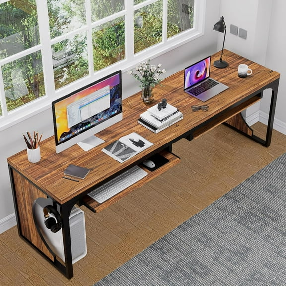 78.7 Inch Extra Long Home Office Desk Game Computer Desk with Storage Keyboard,Writing Work Desk for Home Office,Study, Double Long Desk, Rustic Brown and Black