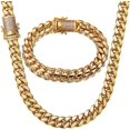 thumbnail image 2 of Conjunto de cadena de eslabones cubanos de Miami para hombres Acero inoxidable chapado en oro de 18 quilates 10/12 mm Pulsera de acera Collar Cadenas de diamantes, 2 of 5
