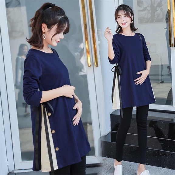 BRGZLK Maternity Cotton Tops for Women Casual Round Neck Color Block Long Sleeve Maternity Wear Loose Side Gussets Tops with Trendy Button and Tie Design for Spring Navy XXXL