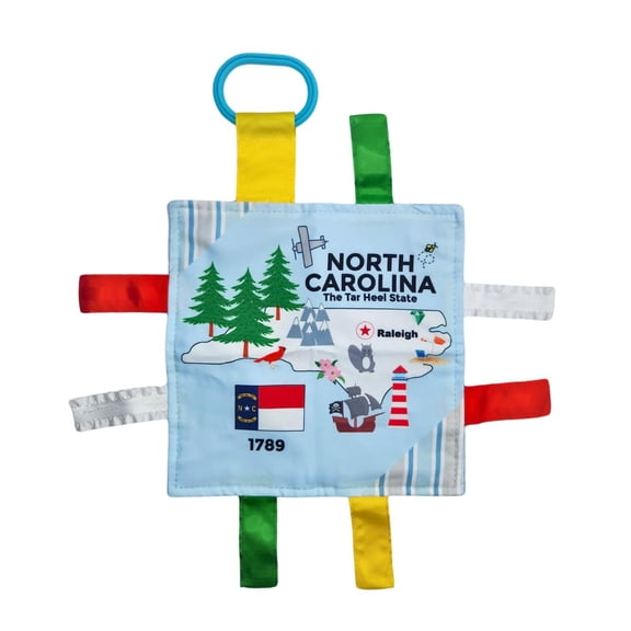 Baby Jack & Co 8x8” Learning Lovey North Carolina State Tag Stroller Toy for Babies - Crinkle Toys for Developing Five Senses - Learn About Capitals - Travel with Baby Jack - BPA Free Clip