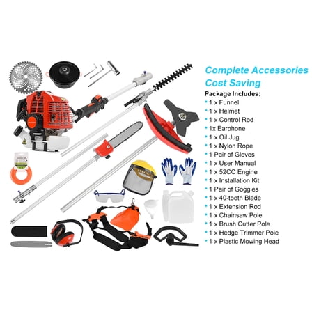 Brush Cutter, 52cc 2 Stroke Gas Engine Multi Garden Tool, Strong Powerful Full Functioning Guard Accessories Hedge Trimmer, Chainsaw- Brush-Cutter