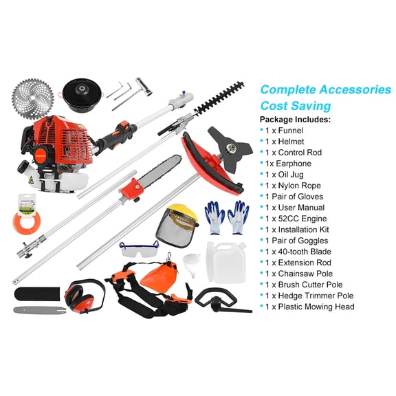 Brush Cutter, 52cc 2 Stroke Gas Engine Multi Garden Tool, Strong Powerful Full Functioning Guard Accessories Hedge Trimmer, Chainsaw- Brush-Cutter