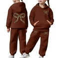 thumbnail image 2 of Girls Sweatsuit Winter Girls 2 Piece Fleece Tracksuit Hooded Long Sleeve Bow Print Top and Pants Soft Warm Fabric Playwear Cozy Youth Loungewear Kids Sweatsuit Brown 4 Years-5 Years, 2 of 7