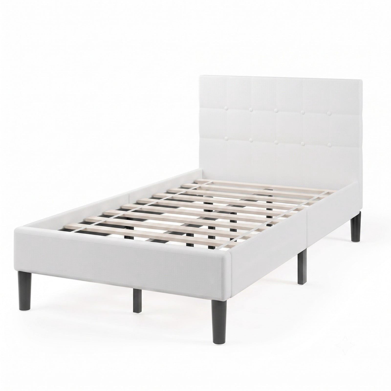 Furnibear Twin Size Bed Frame, Upholstered Platform Bed with Button Tufted Headboard and Under-Bed Storage, No Box Spring Needed, White
