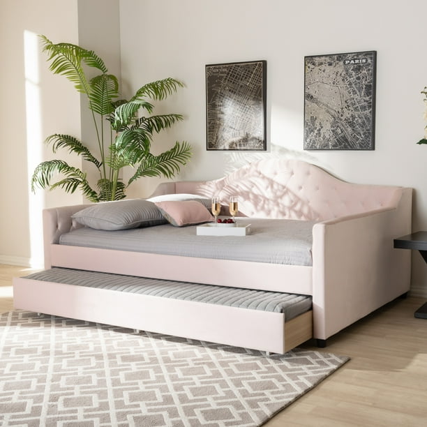 A high class daybed with secret storage. baxton studio perry light pink velvet button tufted full size daybed with trundle
