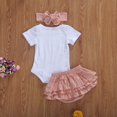 thumbnail image 3 of 3Pcs Tenue de Bébé à la Mode Filles, Été Doux Style Manches Courtes Col Rond Lettre Romper + Couleur Unie Froncé Pantalon + Ensemble de Coiffure, 3 of 4