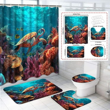 Futtumy 4 Pcs Bathroom Shower Curtain Sets, Polyester Shower Curtain Sets with Bath Rugs, Ocean Coral Reef Sea Turtle Pattern Bathroom Sets Shower Curtain and Rug Set