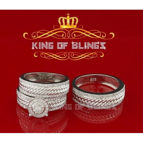 King of Bling's 2.00CT Real Cubic Zirconia Men's SZ 8.5 & Women's SZ 6.5 Trio Silver White Ring