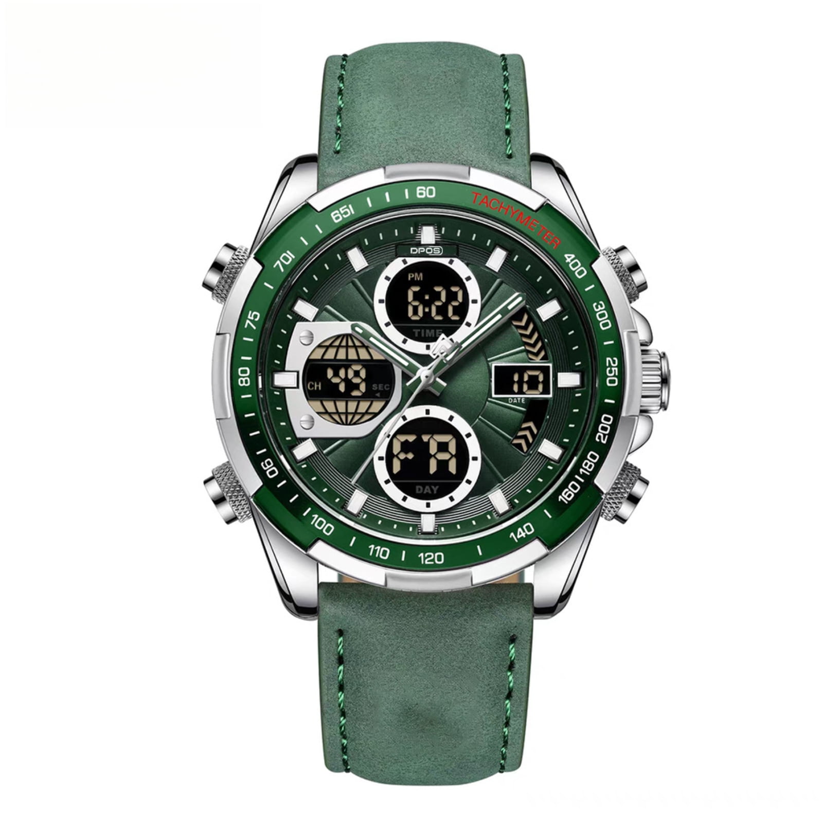 Men Analog Digital Dual Display Sports Watch, Multi Function Chronograph Leather Strap Wristwatch