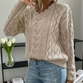 thumbnail image 5 of Lenpel Women's Crochet Sweaters Scalloped V Neck Long Sleeve Hollow out Knit Tops Casual Pullover Sweaters(Khaki,Medium), 5 of 7