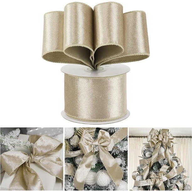 Cinta De Terciopelo Con Alambre Para Navidad - 2.5 Pulgadas X 10 Yardas, Color Dorado Champán Con Borde