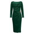 thumbnail image 4 of Htigea Womens Velvet Cocktail Dress Cowl Neck Long Sleeve Party Midi Dresses Solid Color Ruched Slit Bodycon Dress Green M, 4 of 6