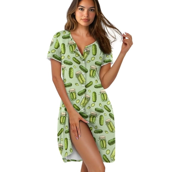 Yuyamidu Pickled Cucumber Button Down Nightgowns for Women Cozy Summer Sleepwear Knee-Length Ladies Nightdress Lounge Sleep Night Gown Breathable Cooling Summer Nightdress