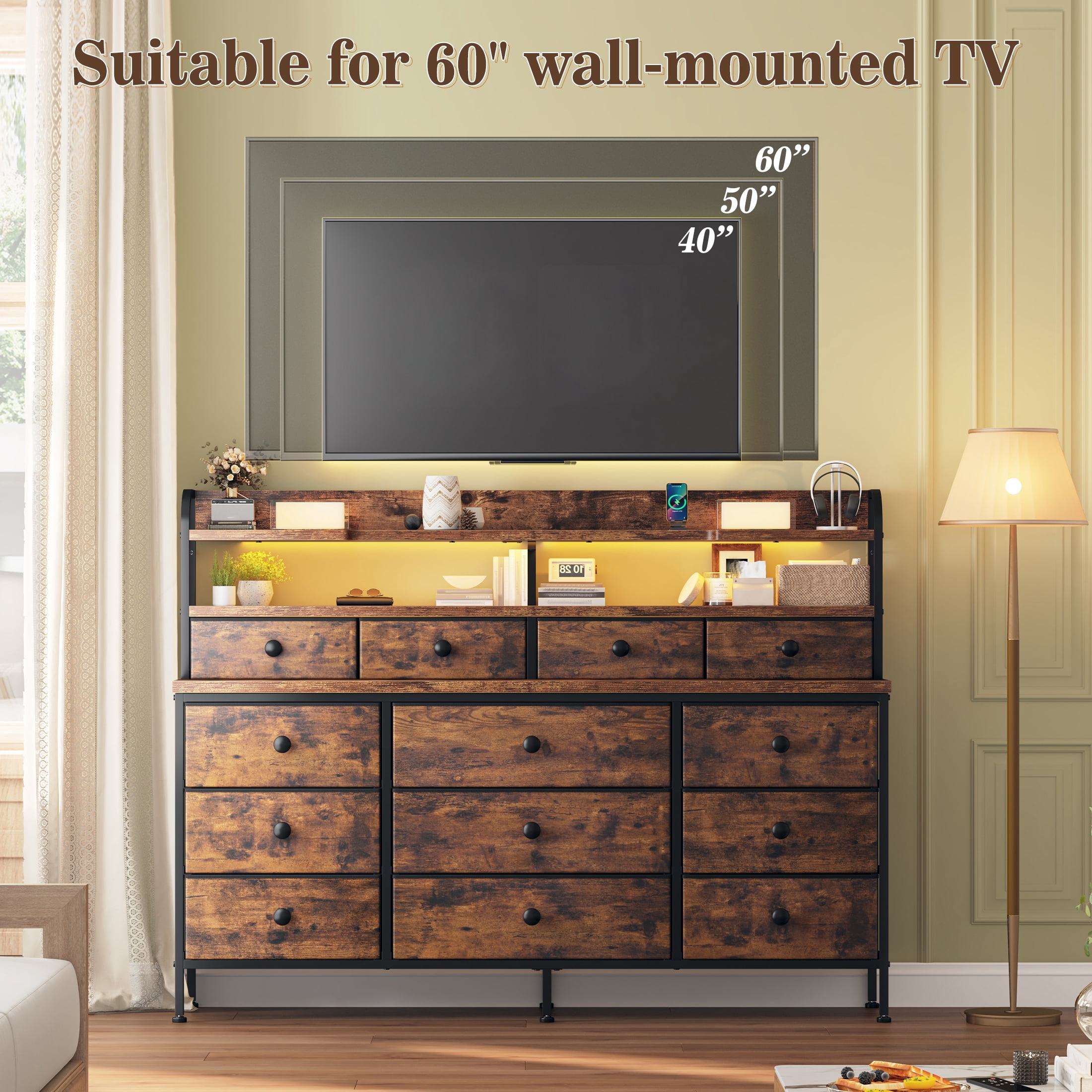 Dresser for Bedroom Long Dresser with 13 Fabric Drawers and Shelves for Closet with LED Light, Rustic Brown