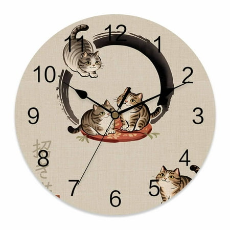 Wall Clock Lucky Cat Clocks PVC Silent Non-Ticking Battery Operated Decorative Cute Japanese Style Linen Round Clock for Home Living Room Kitchen Bedroom Office School Wall Decor 14 Inch
