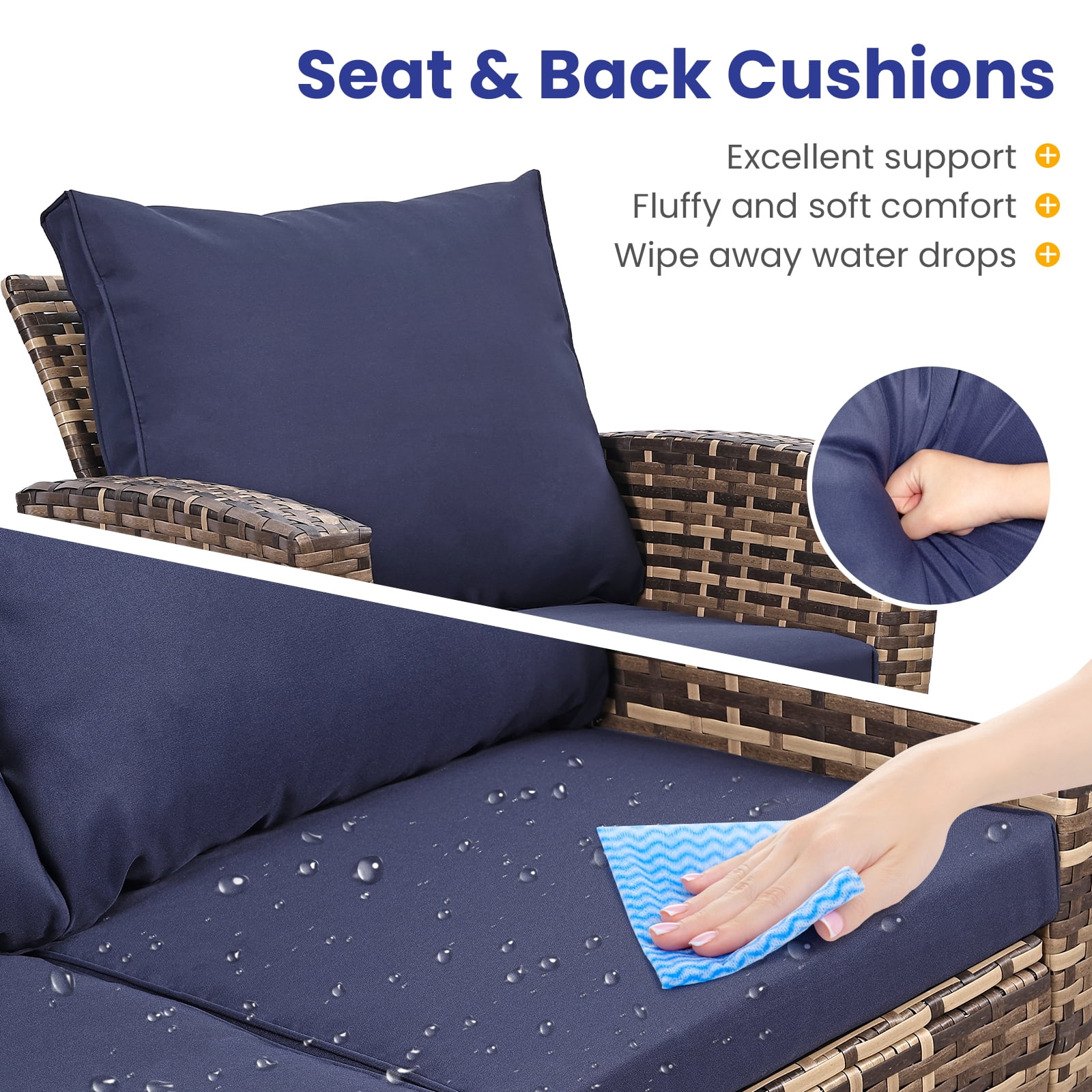 4 Piece Outdoor Patio Furniture Set,Wicker Conversation Sets Outdoor Sectional Patio Sofa Couch with Cushions & Coffee Table for Outside, Garden, Balcony, Porch,Yellow/Blue