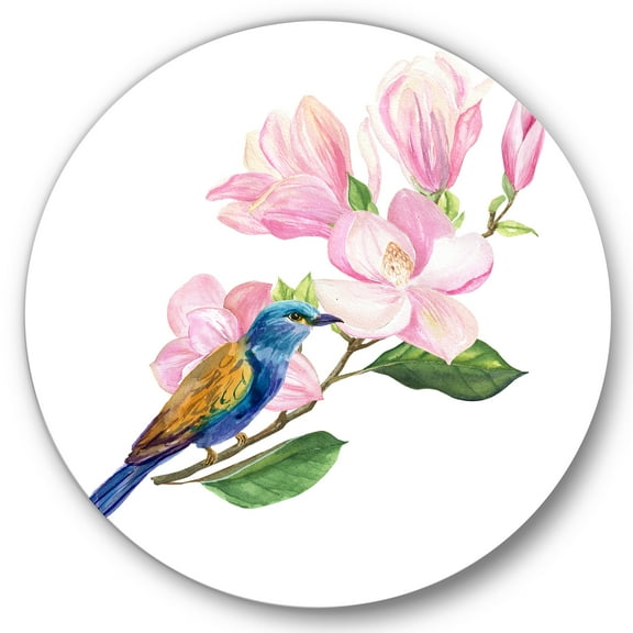 Designart 'Blue Bird Sitting On A Pink Magnolia' Traditional Circle Metal Wall Art 36x36 - Disc of 36