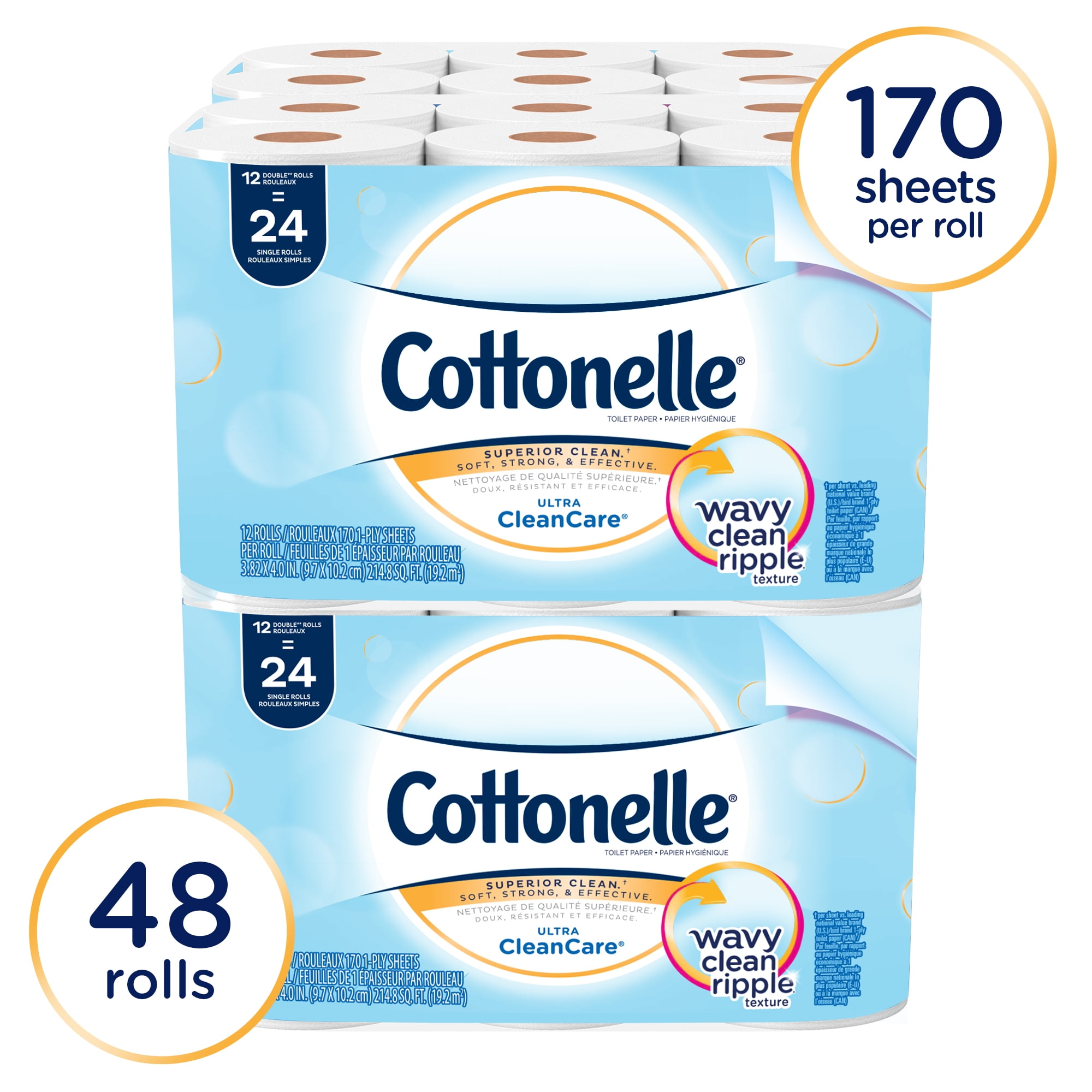 Cottonelle Professional Standard Roll Toilet Paper, Bulk (12456), Ultra CleanCare Bathroom Tissue, Clean Ripple Texture, White (48 Rolls of 170 Sheets, 8,160 Sheet Total)