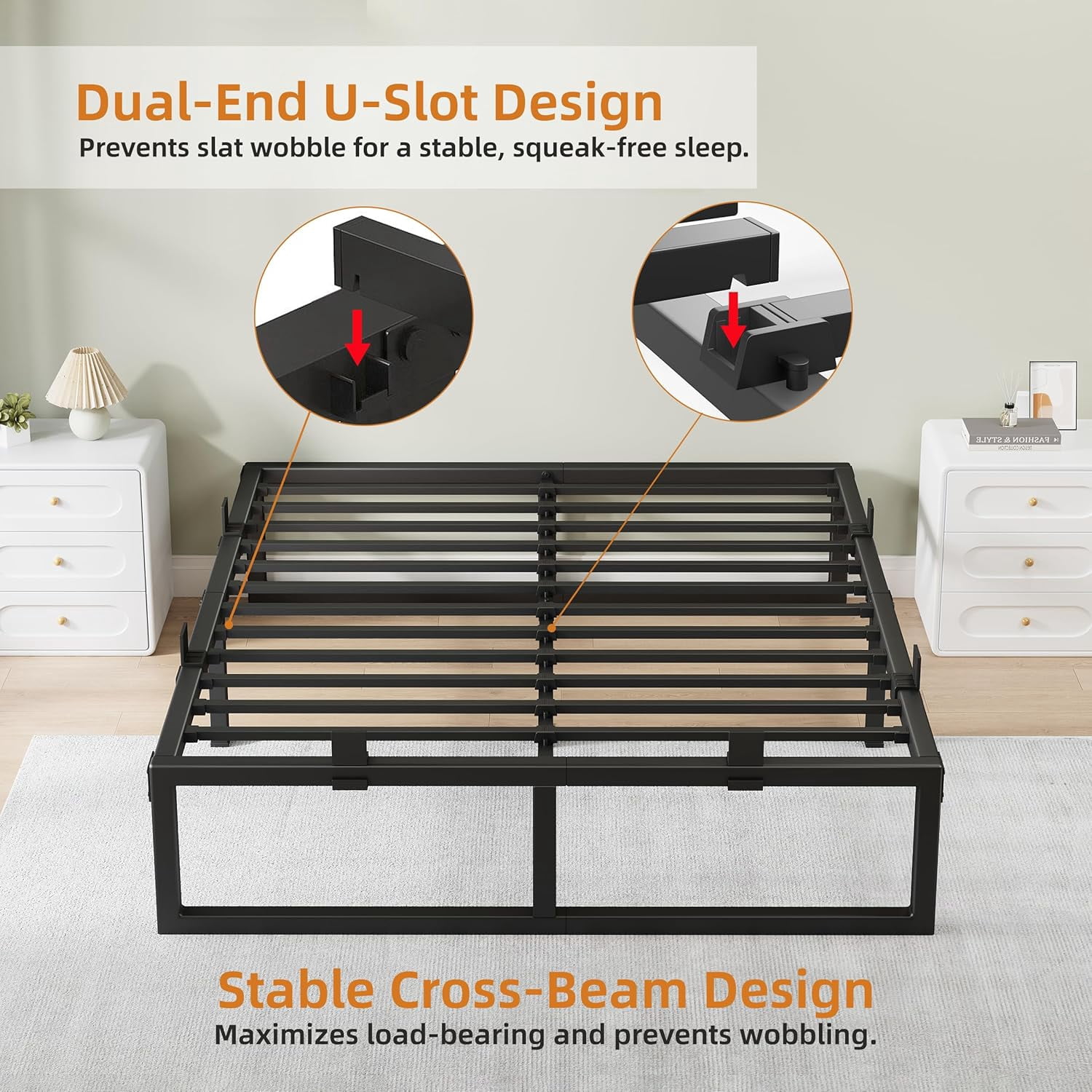 18-Inch Queen Size Metal Platform Bed Frame with Squeak-Free U-Slot Design, 3500 lbs Capacity, Under Bed Storage, Black