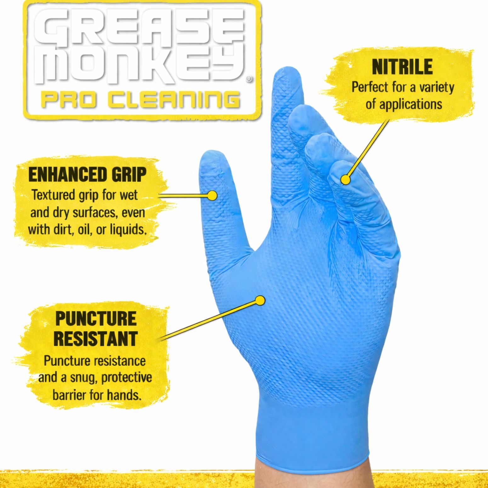 (4 pack) Grease Monkey Pro Cleaning, Disposable Nitrile Gloves, Blue, 50 Count Traction Grip, Male, Large
