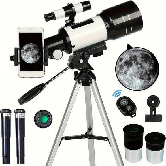 70mm Aperture Portable Travel Telescope (15X-150X) - 300mm Refractor Telescope for Adults Beginners with Phone Adapter & Wireless Remote, Sturdy Compact Astronomy Telescope for Stargazing