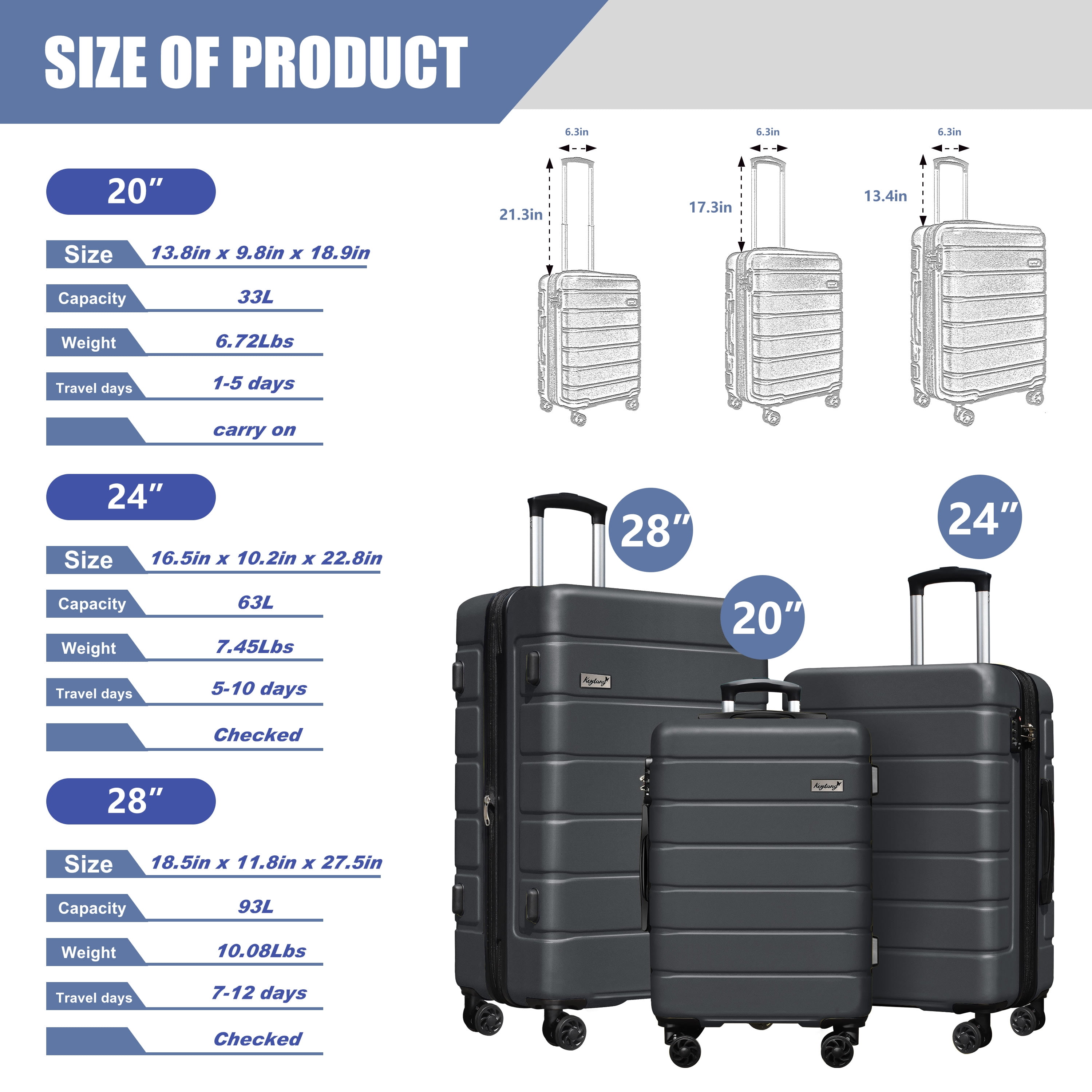 Keytang Lightweight Hardside Expandable Spinner Wheels Luggage Suitcase W/TSA Lock 3-Piece Set，Grey