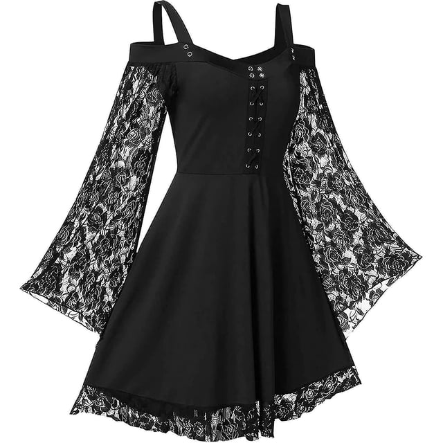 Vestido gótico renacentista para mujer, vestidos de manga trompeta de encaje con hombros descubiertos, vestido Medieval Steampunk, disfraz de Halloween