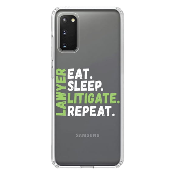 DistinctInk Clear Shockproof Hybrid Case for Galaxy S20 / S20 5G (6.2" Screen) - TPU Bumper Acrylic Back Tempered Glass Screen Protector - Lawyer Eat Sleep Litigate Repeat