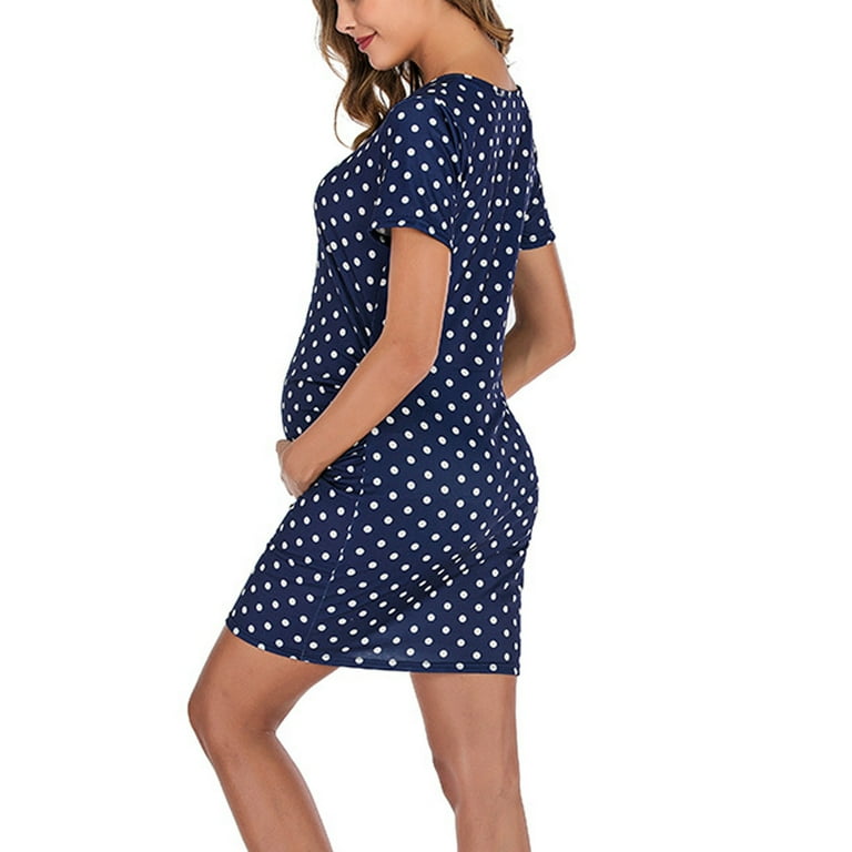 Faiwad Women's Maternity Polka Dot Print Dress Short Sleeve Casual Stretch Nursing Pregnant Bodycon Dress, Size: XL, Blue